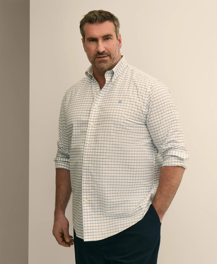Big & Tall Stretch Cotton Non-Iron Oxford Polo Button Down, Windowpane Sport Shirt