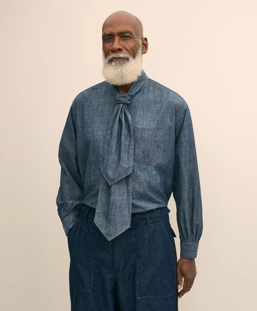 Brooks Brothers X Engineered Garments Cotton Chambray Ascot Collar Oversized Dress Shirt