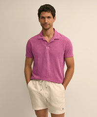 Cotton-Linen Pique Johnny Collar Shirt
