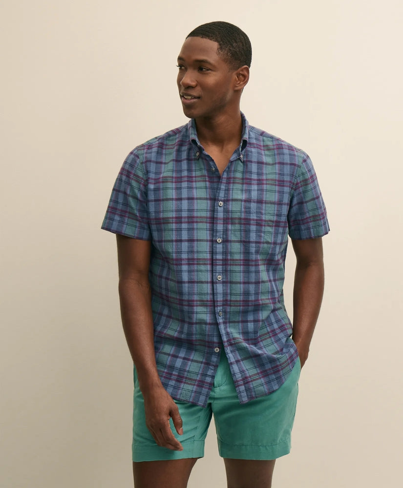 Cotton Madras Polo Button-Down Collar, Short-Sleeve Shirt