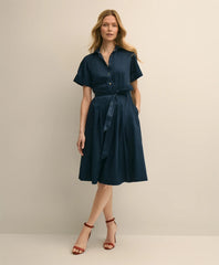 Cotton Sateen Short-Sleeve Belted Shirt Dress
