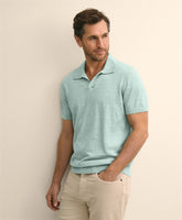 Linen-Cotton-Cashmere Short-Sleeve Mouliné Johnny Collar Sweater
