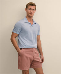 Linen-Cotton-Cashmere Short-Sleeve Mouliné Johnny Collar Sweater
