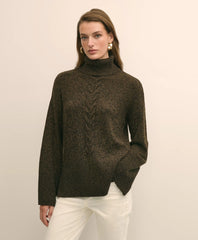 Merino Wool Blend Marled Cable-Knit Turtleneck Sweater