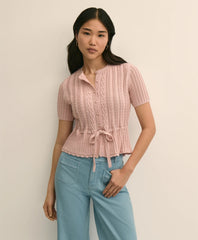 Short-Sleeve Pointelle Peplum Cardigan