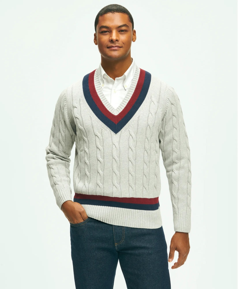 Vintage-Inspired Tennis V-Neck Sweater in Supima