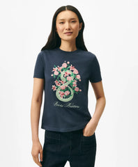 Women's Lunar New Year Cotton Embroidered Bouquet Snake Motif T-Shirt