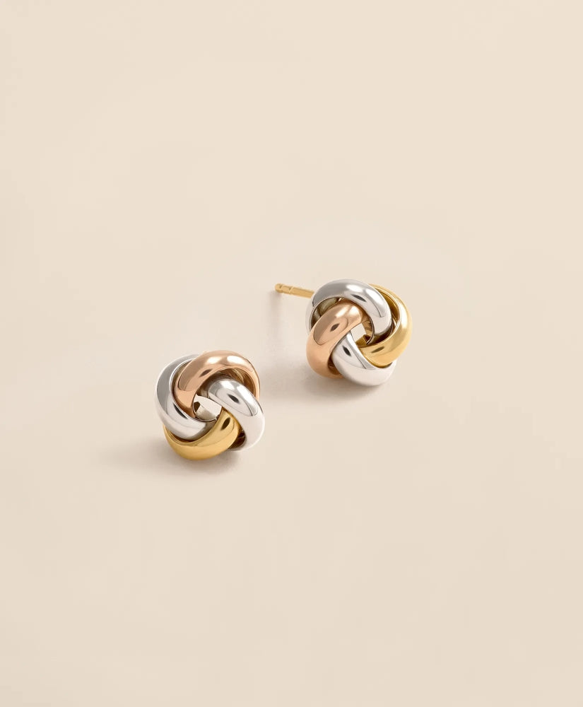 14k Yellow-White-Rose Gold Knot Stud Earrings
