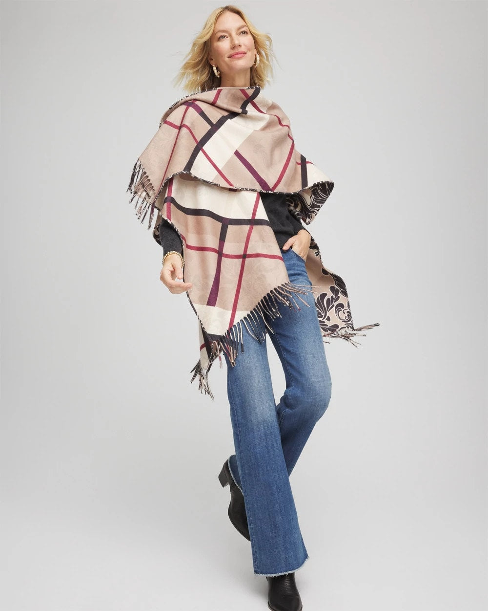 Chico's Accessories Reversible Printed Fringe Ruana