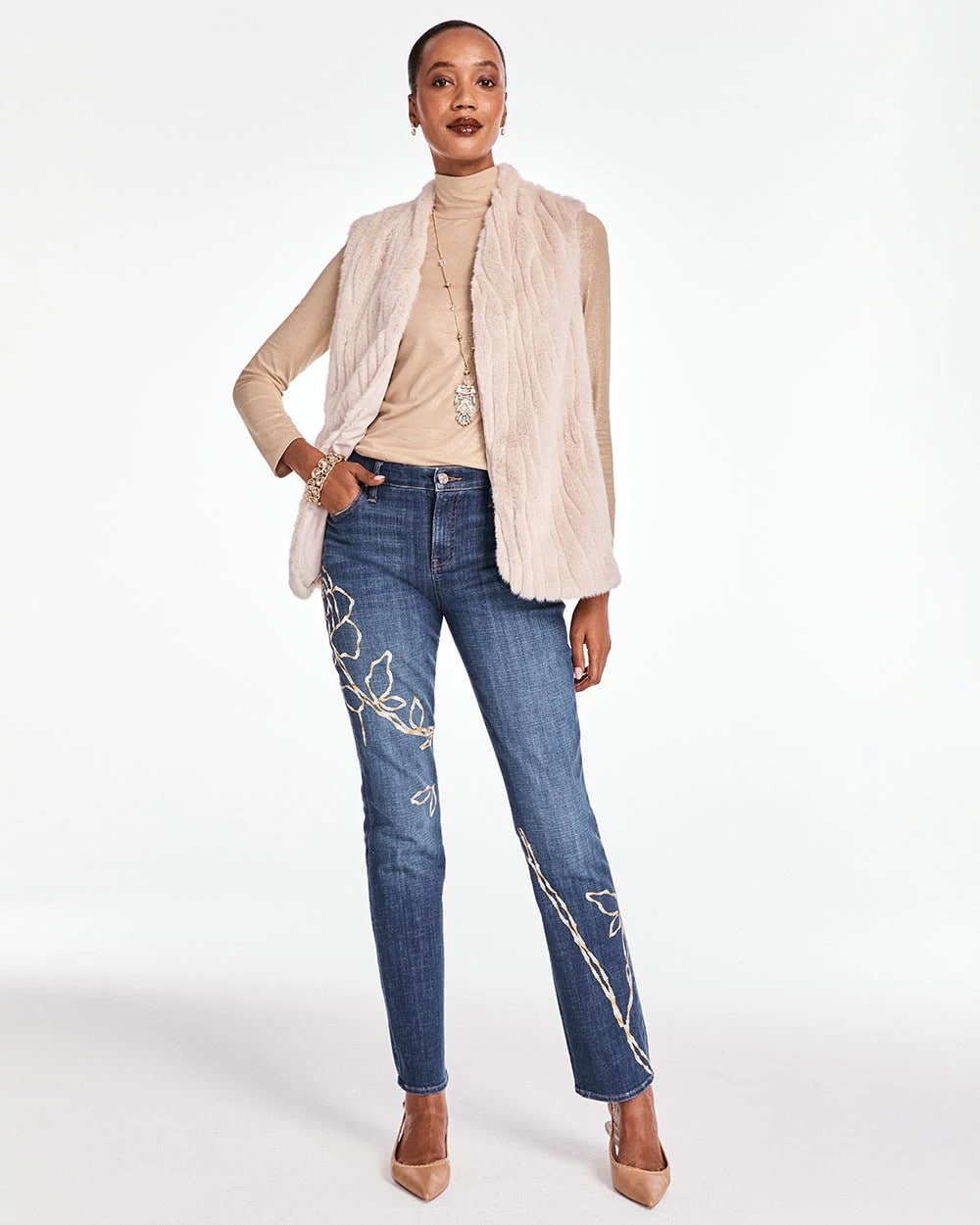 Chico's Collections Sequins Rose Girlfriend Slim-Leg Jeans