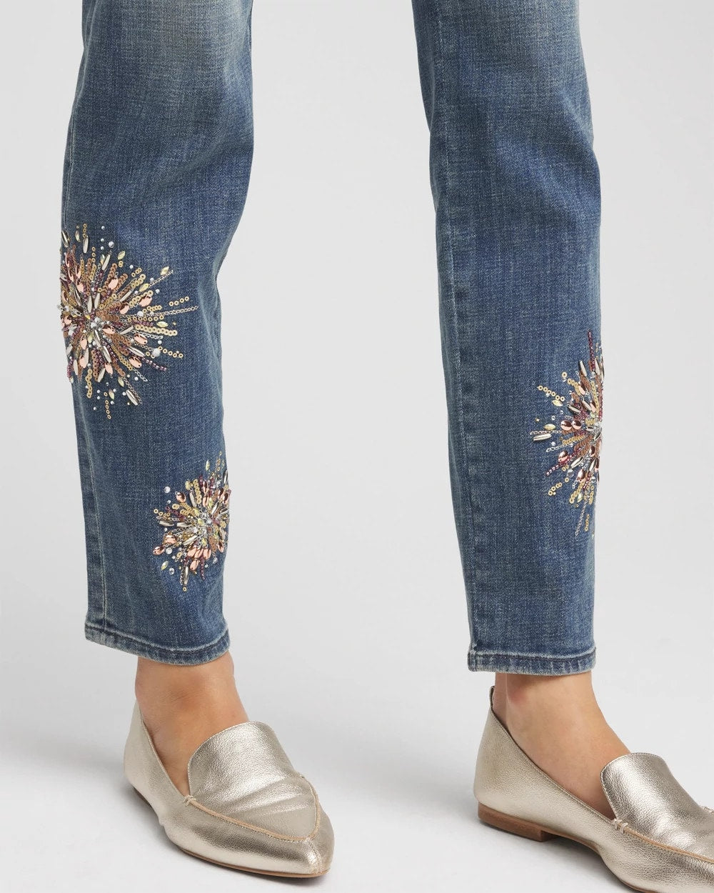 Chico's Collections Embellished Starbursts Girlfriend Slim Ankle Jeans