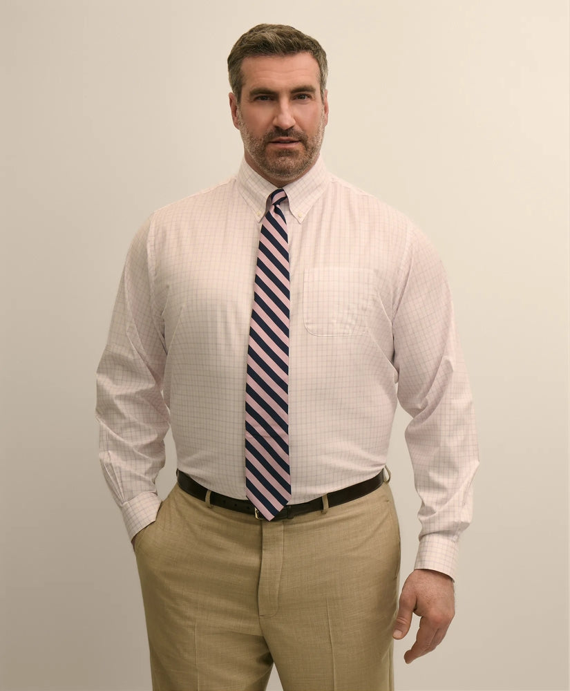 Big & Tall Stretch Cotton Non-Iron Pinpoint Oxford Polo Button Down, Windowpane Dress Shirt