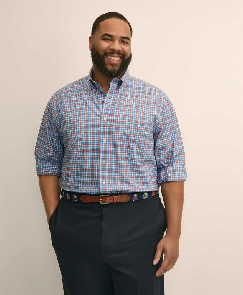 Big & Tall Stretch Cotton Non-Iron Poplin Polo Button Down, Check Sport Shirt