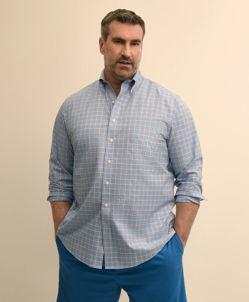Big & Tall Stretch Cotton Non-Iron Poplin Polo Button Down, Check Sport Shirt