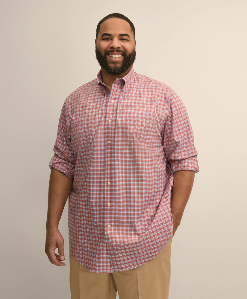 Big & Tall Stretch Cotton Non-Iron Poplin Polo Button Down, Check Sport Shirt