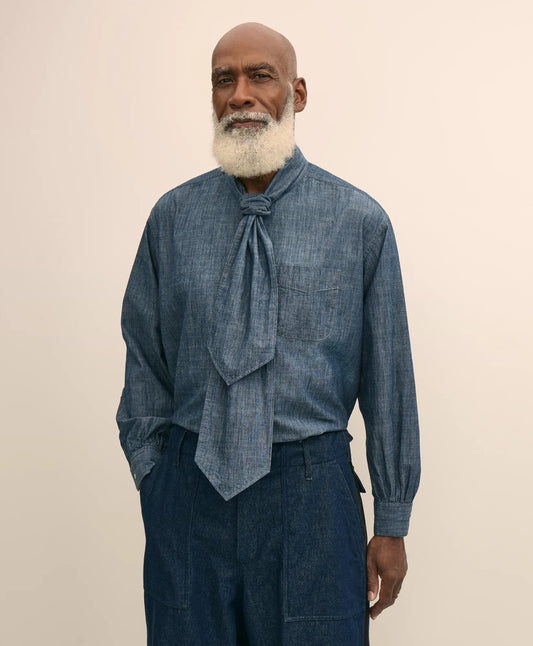 Brooks Brothers X Engineered Garments Cotton Chambray Ascot Collar Oversized Dress Shirt