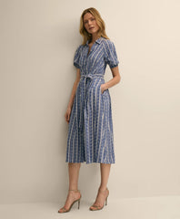 Chambray Floral-Stripe Embroidered Belted Shirt Dress