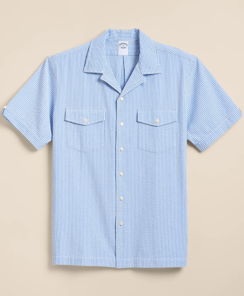 Cotton Blend Seersucker Camp Collar Shirt