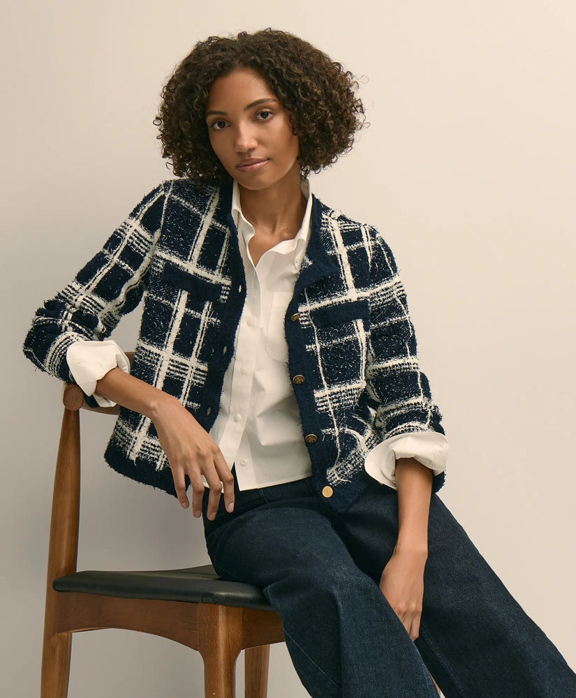 Cotton-Blend Soft Plaid Cardigan