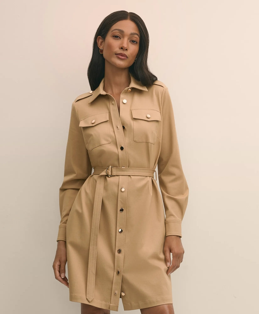 Cotton Blend Twill Belted Shirt Dress