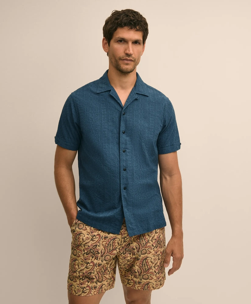 Cotton Embroidered Geo Camp Collar Short-Sleeve Shirt