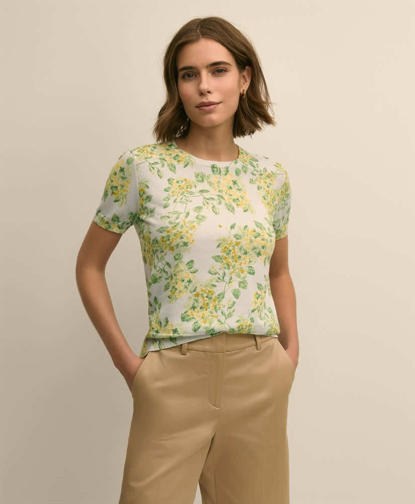 Cotton Floral Short-Sleeve Shell Sweater