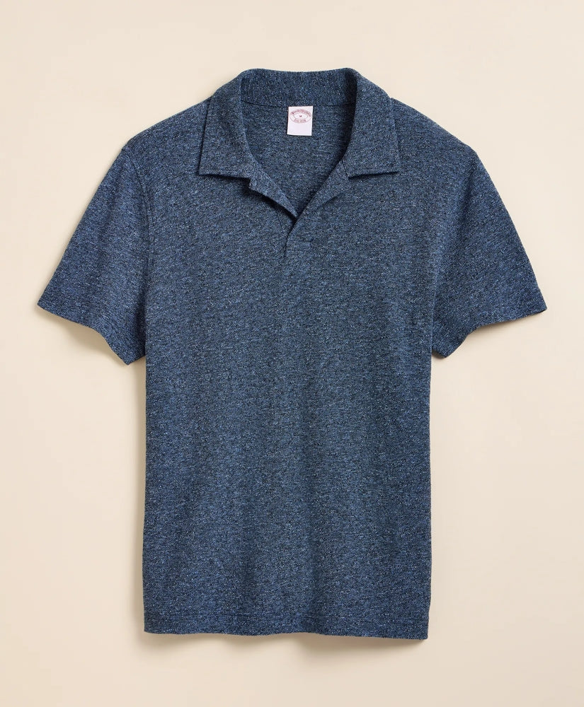 Cotton-Linen Pique Johnny Collar Shirt