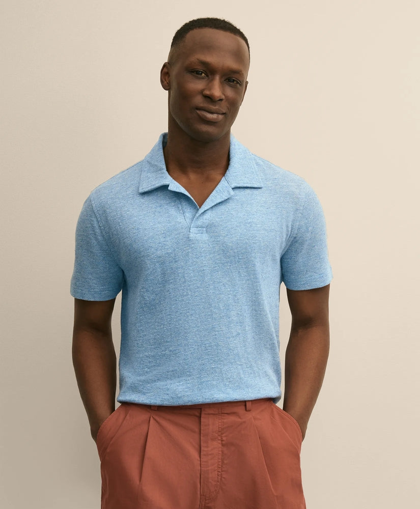 Cotton-Linen Pique Johnny Collar Shirt