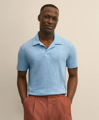 Cotton-Linen Pique Johnny Collar Shirt
