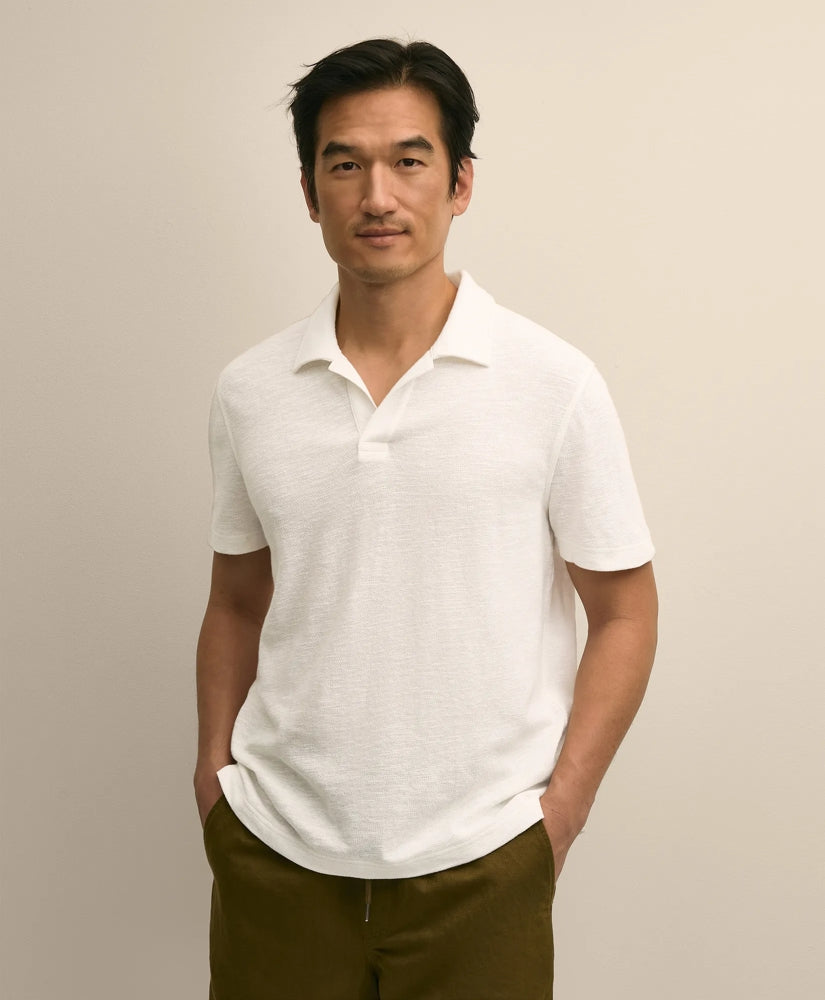 Cotton-Linen Pique Johnny Collar Shirt