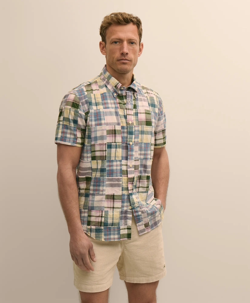 Cotton Patchwork Madras Polo Button-Down Collar, Short-Sleeve Shirt