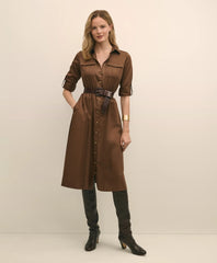 Cotton Sateen Fit-And-Flare Belted Shirt Dress