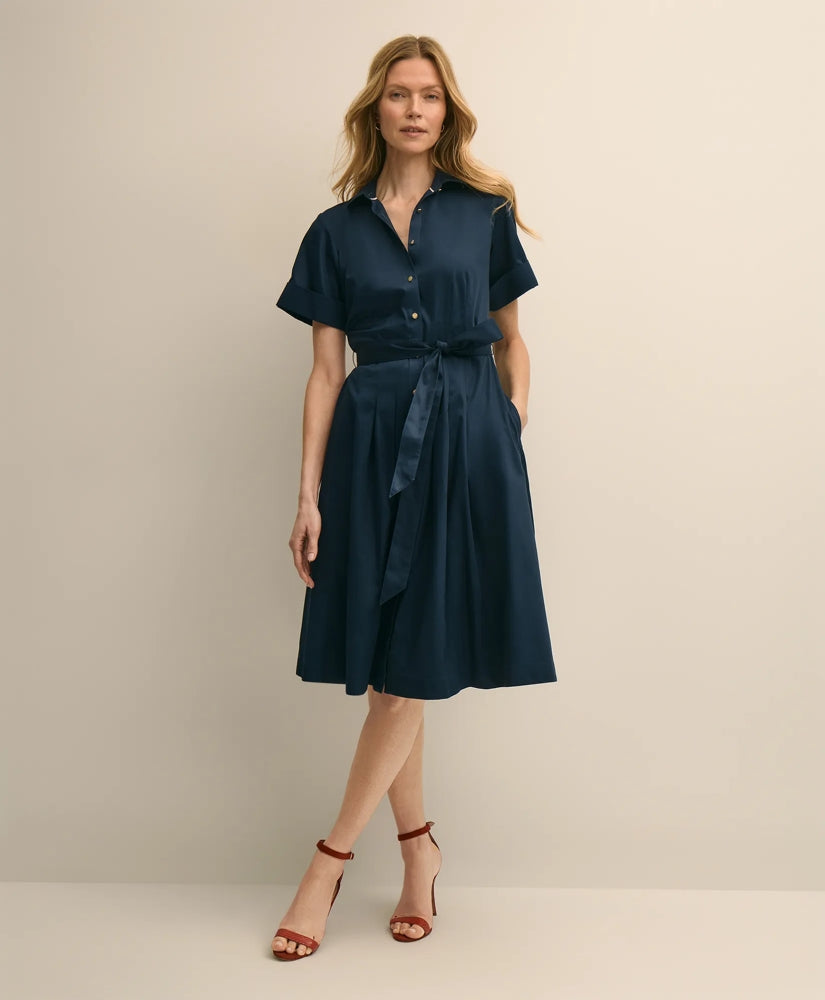 Cotton Sateen Short-Sleeve Belted Shirt Dress