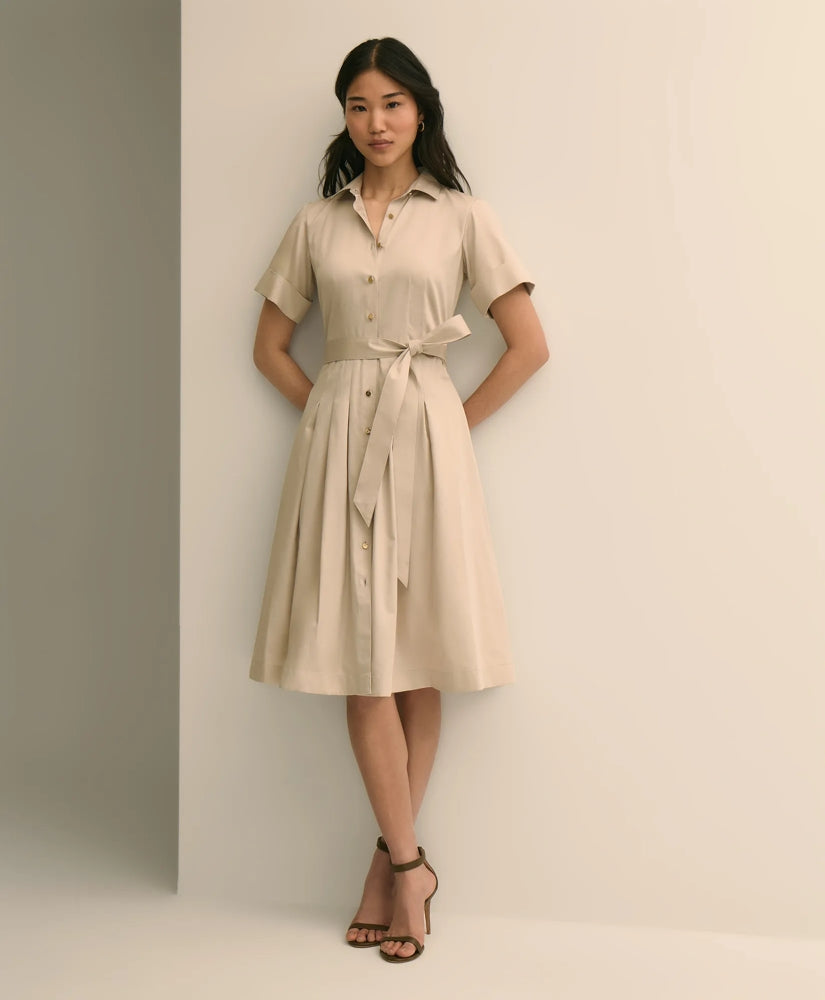 Cotton Sateen Short-Sleeve Belted Shirt Dress