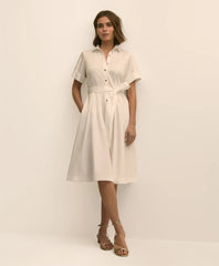 Cotton Sateen Short-Sleeve Belted Shirt Dress