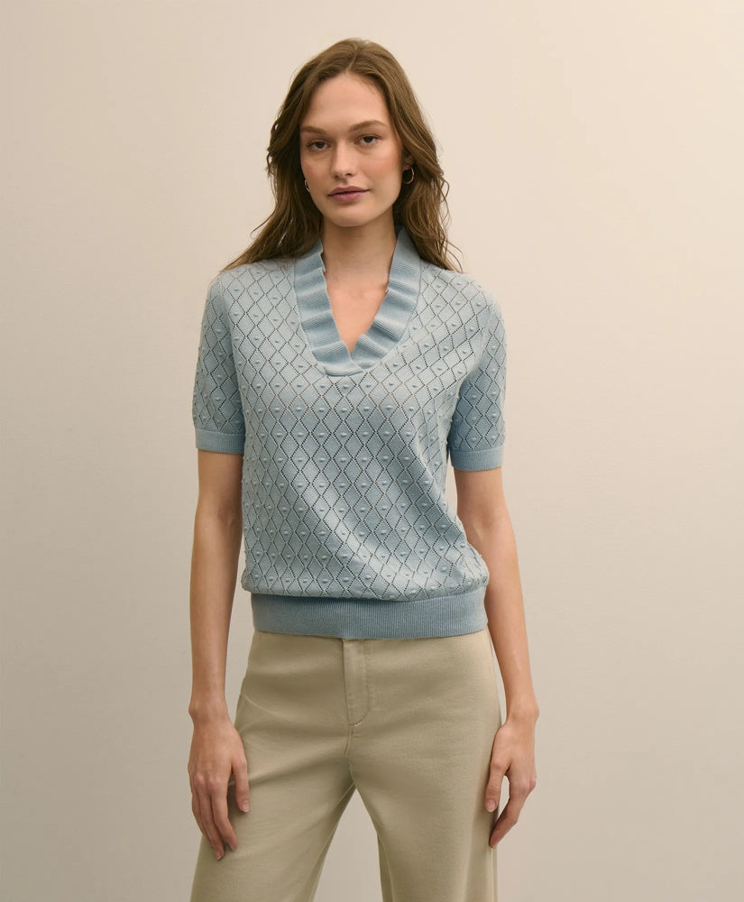 Cotton Viscose Short-Sleeve Ruffle Sweater