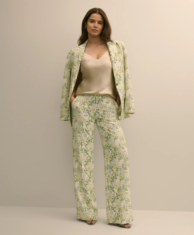 Crepe Botanical Print Wide-Leg Pants