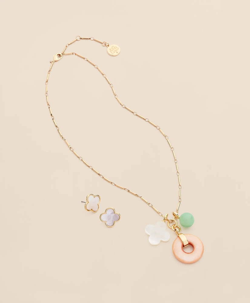 Gold-Tone Stud Earrings & Charm Necklace Set