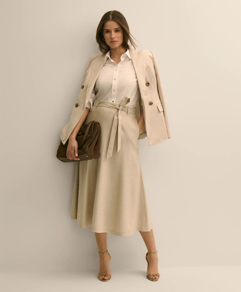 Linen-Blend Belted A-Line Skirt