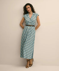 Linen Blend Plaid Belted Sleeveless Dress