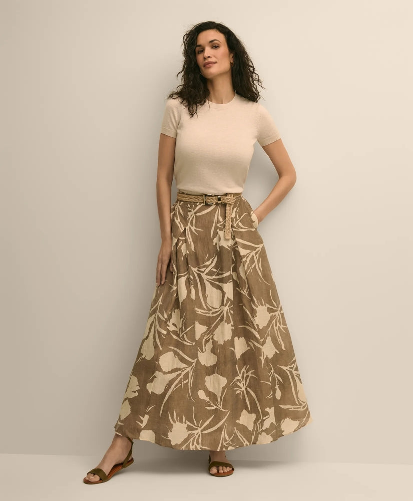 Linen-Blend Pleated Floral A-Line Skirt