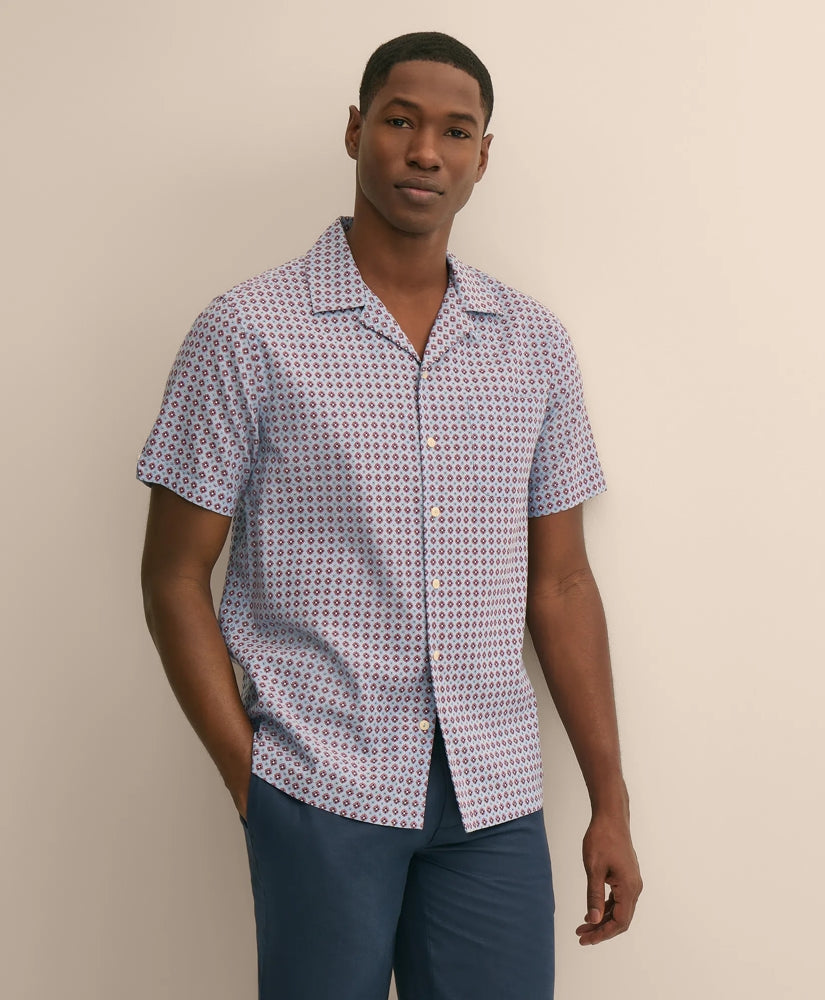 Linen-Cotton Camp Collar, Foulard Short-Sleeve Shirt