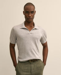 Linen-Cotton-Cashmere Short-Sleeve Mouliné Johnny Collar Sweater