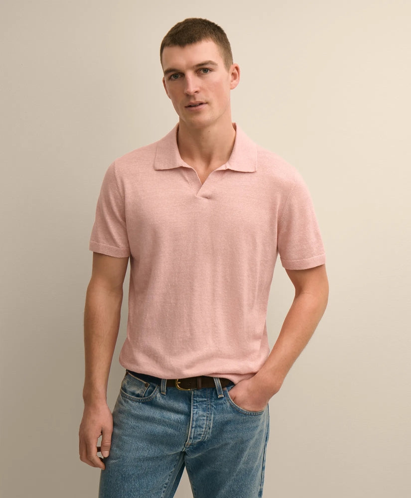 Linen-Cotton-Cashmere Short-Sleeve Mouliné Johnny Collar Sweater