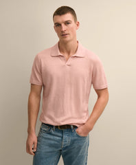 Linen-Cotton-Cashmere Short-Sleeve Mouliné Johnny Collar Sweater