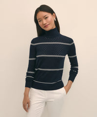 Merino Wool Striped Pointelle Turtleneck