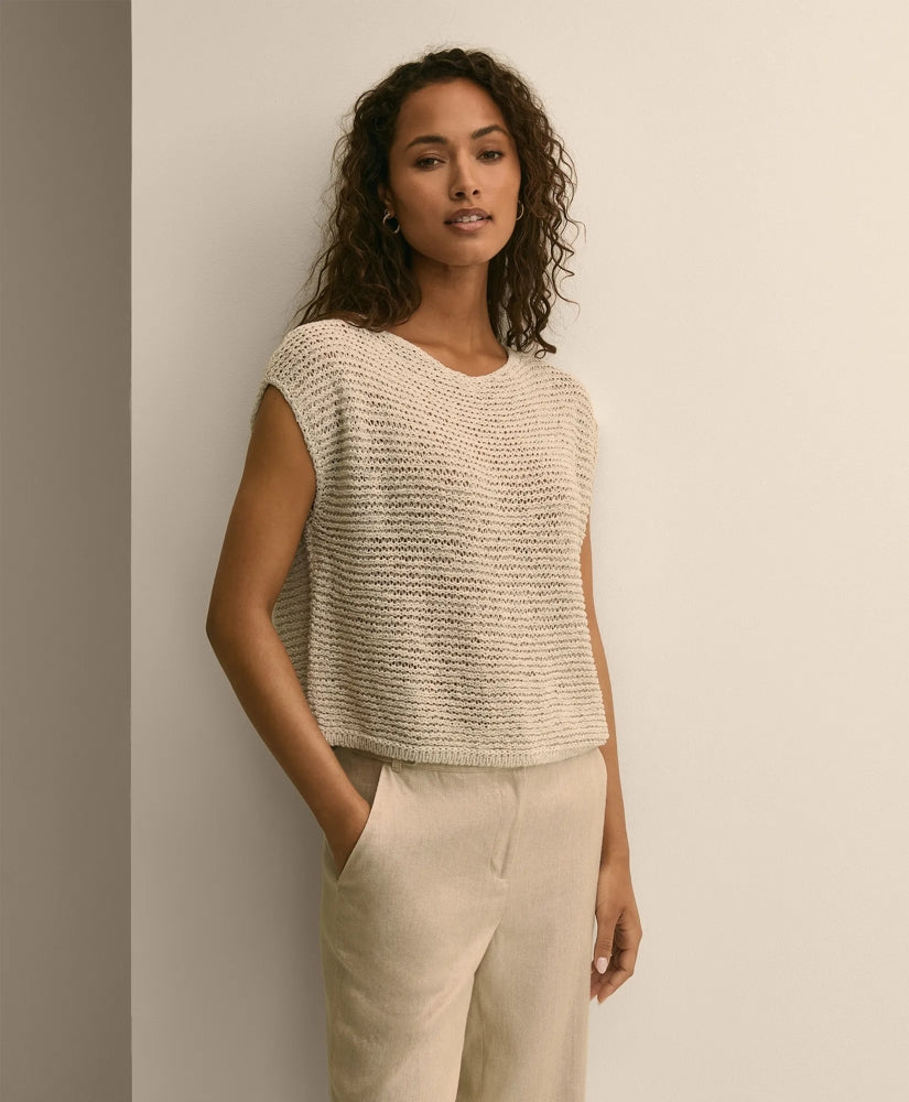 Relaxed Cotton Blend Short-Sleeve Shimmer Sweater