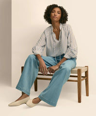 Relaxed Tie-Neck Stripe Peasant Blouse