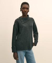 Relaxed Wool-Blend Foldover Snap Collar Sweater