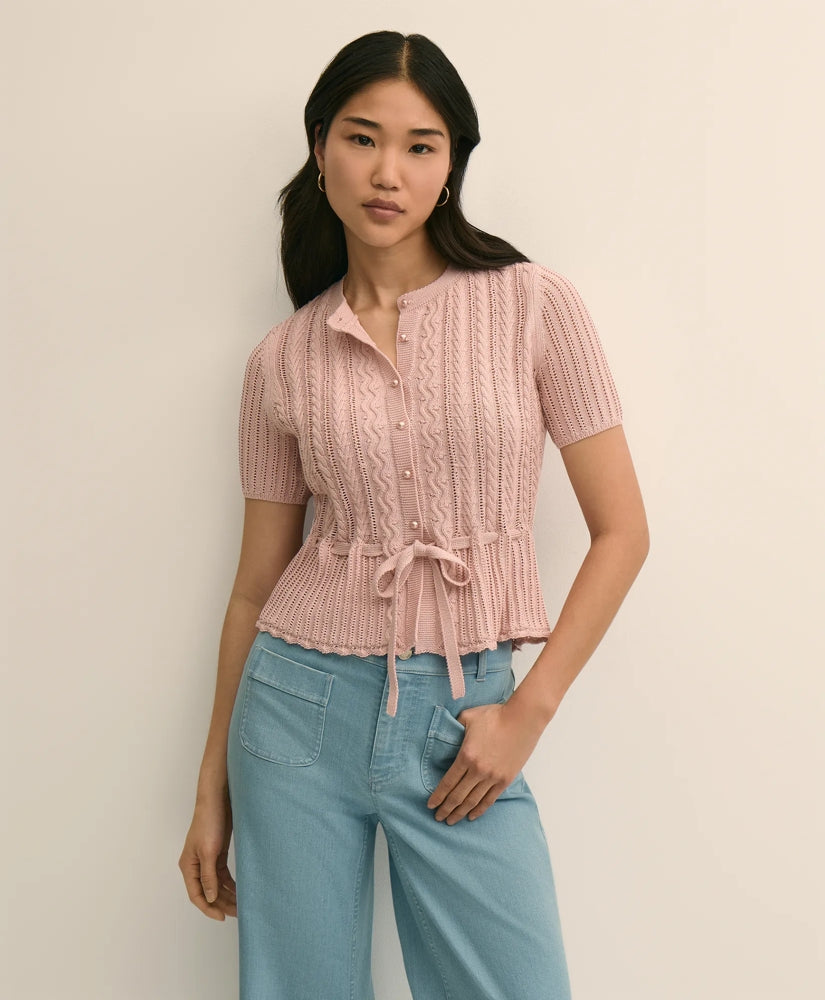 Short-Sleeve Pointelle Peplum Cardigan